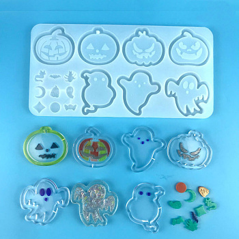 DIY Pumpkin Jack-O'-Lantern & Ghost & Filling Silicone Statue Molds, Quicksand Molds, Resin Casting Molds, For UV Resin, Epoxy Resin Craft Making, Halloween Theme, White, 264x133x9mm, Inner Diameter: 6~65x11~68mm