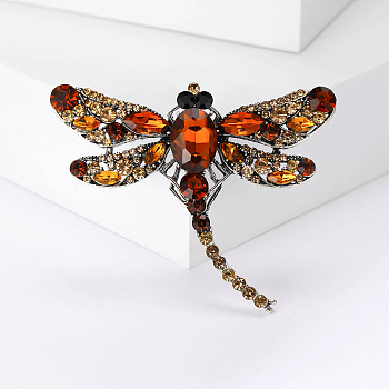 Alloy Brooches, Rhinestone Pin, Jewely for Women, Dragonfly, Dark Orange, 50x62mm