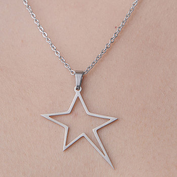 201 Stainless Steel Hollow Star Pendant Necklace, Stainless Steel Color, 17.72 inch(45cm)