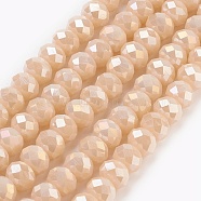 Electroplate Glass Beads Strands, Imitation Jade Glass, Full Rainbow Plated, Faceted, Rondelle, PeachPuff, 6x4~5mm, Hole: 0.8~1mm, about 88~92pcs/strand, 15.5 inch~16 inch(39~45cm)(X-GLAA-K027-FR-B01)