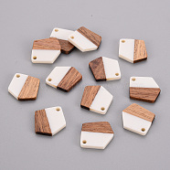 Transparent Resin & Walnut Wood Pendants, Waxed, Polygon, White, 20.5x18.5x3~4mm, Hole: 2mm(RESI-S384-003A-A05)