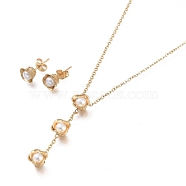 304 Stainless Steel Jewelry Sets, Cable Chains Acrylic Pearl Pendant Necklaces and Stud Earrings, with Ear Nuts and  Lobster Claw Clasps, Flower, Golden, 19.80 inch(50.3cm), 18x8mm, Pin: 0.7mm(SJEW-M097-12G)