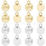 16Pcs 2 Style Brass Charms, Long-Lasting Plated, with Jump Rings, Flat Round with Word Love, for Valentine's Day, Mixed Color, 8.5x1mm, Jump Ring: 4~5x0.5~1mm, Inner Diameter: 2.5~3mm, 8pcs/style(KK-FH0005-34)