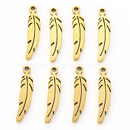 Vacuum Plating 201 Stainless Steel Pendants, Laser Cut, Feather, Golden, 17x4.5x1mm, Hole: 1mm(STAS-N092-13G)
