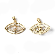 Plastic Imitation Pearl Pendants, with Rack Plating Brass Micro Pave Cubic Zirconia Findings, Cadmium Free & Lead Free, Long-Lasting Plated, Eye, Real 18K Gold Plated, 13.5x20x4mm, Hole: 4x2mm(KK-P235-04G)