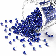 (Repacking Service Available) Glass Seed Beads, Opaque Colors Lustered, Round, Blue, 6/0, 4mm, Hole: 1mm, about 12g/bag(SEED-C021-4mm-128)