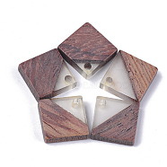 Resin & Walnut Wood Pendants, Rhombus, Clear, 16.5~17.5x17~18x3~4mm, Hole: 1.8mm, Side Length: 12~13mm(RESI-S358-31C)