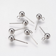 202 Stainless Steel Ball Stud Earring Findings, with 304 Stainless Steel Pins and Loop, Round, Stainless Steel Color, 16mm, Hole: 1.6mm, Pin: 0.7mm(STAS-F141-06P-5mm)