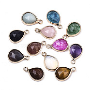 Natural & Synthetic Mixed Gemstone/Glass Charms, with Light Gold Plated Brass Edge and Loop, Teardrop, Faceted, Mixed Color, 14x9x4.5mm, Hole: 1.5mm(G-N326-50)