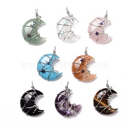 Natural & Synthetic Gemstone Pendants, with Platinum Tone Brass Wire Wrapped and Hematite Star Beads, Cadmium Free & Lead Free, Moon, 45.5~47x32.5~33.5x11~12mm, Hole: 5mm(G-B023-01P)