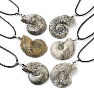 Natural Conch Fossil Pendant Necklaces, Imitation Leather Cord Necklaces with Iron End Chains, Black, 20.28 inch(51.5cm)(G-P552-01P)