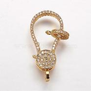 Brass Micro Pave Cubic Zirconia Lobster Claw Clasps, Golden, 31x14x4.5mm, Hole: 2mm(ZIRC-G095-54G)