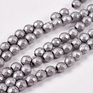 Electroplate Non-magnetic Synthetic Hematite Beads Strands, Faceted, Frosted, Round, Grade A, Silver Plated, 4mm, Hole: 1mm, about 100pcs/strand, 16 inch(G-J169C-4mm-07)