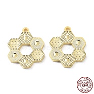 925 Sterling Silver Pendants, Hexagon Flower Charm, Textured, Real 18K Gold Plated, 16x13x1.2mm, Hole: 1.2mm(STER-C003-14G)