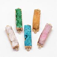 Electroplated Natural & Dyed Druzy Agate Links connectors, with Golden Plated Brass Findings, Rectangle, Mixed Color, 37~38x8~9x9~10mm, Hole: 2mm(G-N0168-019)
