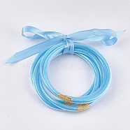 PVC Plastic Buddhist Bangle Sets, Jelly Bangles, with Glitter Powder and Polyester Ribbon, Light Blue, 2-1/2 inch(6.3cm), 5pcs/set(BJEW-T008-09F)