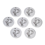 304 Stainless Steel Charms, Laser Cut, Designed Letter Engraved, Flat Round, Stainless Steel Color, Letter.P, 14x1mm, Hole: 1.2mm(STAS-T059-26P-P)