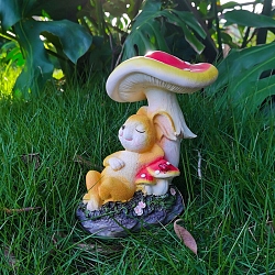 Resin Rabbit with Mushroom Figurines, Micro Landscape Garden Decorations, Gold, 120x170x185mm(GARD-PW0001-03)