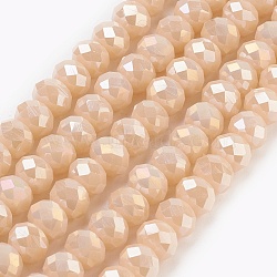 Electroplate Glass Beads Strands, Imitation Jade Glass, Full Rainbow Plated, Faceted, Rondelle, PeachPuff, 6x4~5mm, Hole: 0.8~1mm, about 88~92pcs/strand, 15.5 inch~16 inch(39~45cm)(X-GLAA-K027-FR-B01)