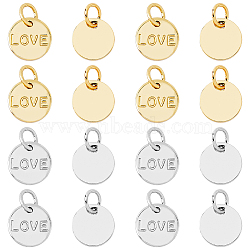 16Pcs 2 Style Brass Charms, Long-Lasting Plated, with Jump Rings, Flat Round with Word Love, for Valentine's Day, Mixed Color, 8.5x1mm, Jump Ring: 4~5x0.5~1mm, Inner Diameter: 2.5~3mm, 8pcs/style(KK-FH0005-34)