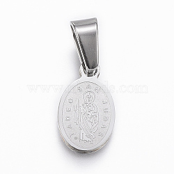304 Stainless Steel Religion Pendants, Oval with Double Sided Saint Jude, Stainless Steel Color, 13.5x8x1.5mm, Hole: 4x6mm(STAS-G155-91P-A)