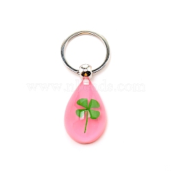 Luminous Keychain, with Resin Pendants and Platinum Iron Findings, Teardrop with Clover, Hot Pink, 7.1cm(KEYC-WH0023-05B)