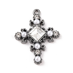 Cross Theme Brass Micro Pave Clear Cubic Zirconia Pendants, with Plastic Pearl, Clear, 29x22.5x5mm, Hole: 1.6mm(ZIRC-I067-04A-01)