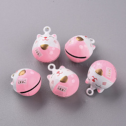 Baking Painted Brass Bell Pendants, Maneki Neko/Beckoning Cat, Pink, 23x17x16.5mm, Hole: 2mm(KKB-S002-009)
