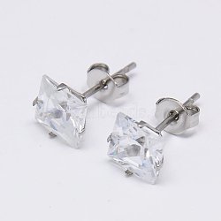 Cubic Zirconia Ear Studs, with Stainless Steel Base, Stainless Steel Color, 8x8mm, Pin: 0.7mm(STAS-E051-2E)