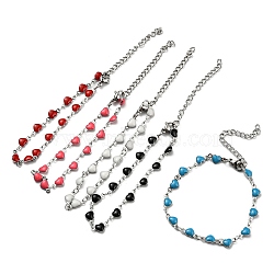 Stainless Steel Color 304 Stainless Steel Heart Link Chain Bracelet with Enamel, Mixed Color, 6-7/8 inch(17.5cm)(BJEW-E088-01P)