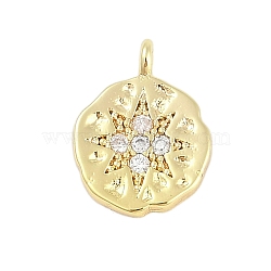 Rack Plating Brass with Cubic Zirconia Pendants, Flat Round with Sun Charms, Real 18K Gold Plated, 14x10.5x1.5mm, Hole: 1.2mm(KK-Q018-02G)