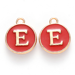 Golden Plated Alloy Enamel Charms, Cadmium Free & Lead Free, Enamelled Sequins, Flat Round, Red, Letter.E, 14x12x2mm, Hole: 1.5mm(ENAM-S118-03E)
