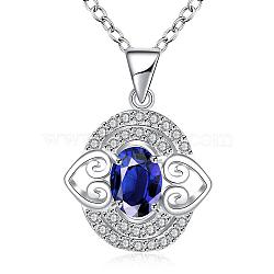 Silver Plated Brass Cubic Zirconia Oval with Heart Pendant Necklaces For Women, Blue, 18 inches(NJEW-BB06870-C)