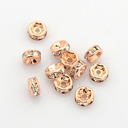 Brass Rhinestone Spacer Beads, Grade AAA, Straight Flange, Nickel Free, Rose Gold Metal Color, Rondelle, Crystal, 6x3mm, Hole: 1mm(X-RB-A014-Z6mm-01RG-NF)