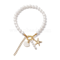 Summer Beach Shell & Starfish Charm Bracelets, 6mm Round Shell Pearl Beaded Bracelets for Women, Golden, White, 9-7/8 inch(25cm)(BJEW-JB10485)