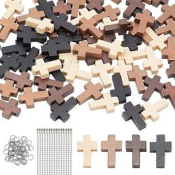 80Pcs 4 Colors Cross Wooden Pendants, with 120Pcs 304 Stainless Steel Jump Rings, 80 Strands Iron Ball Chains, Mixed Color, 21~22x14~15x4~5mm, Hole: 1.8mm, 20Pcs/color(DIY-NB0007-52)