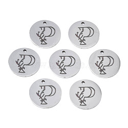 304 Stainless Steel Charms, Laser Cut, Designed Letter Engraved, Flat Round, Stainless Steel Color, Letter.P, 14x1mm, Hole: 1.2mm(STAS-T059-26P-P)