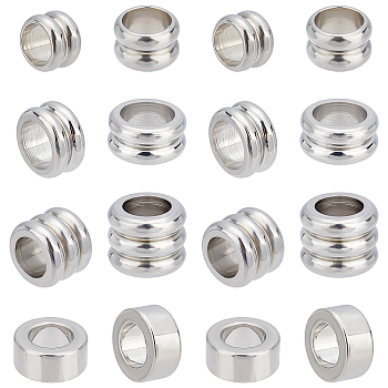 40Pcs 4 Style 304 Stainless Steel European Beads, Large Hole Beads, Groove Beads, Column, Stainless Steel Color, 7~11.5x4.5~8mm, Hole: 5~9mm, 10pcs/style