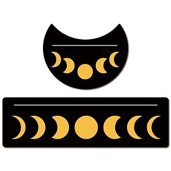 Gorgecraft 2Pcs 2 Style Carved Wood Candle Holders, Wooden Card Stand for Tarot, Witch Divination Tools, Moon-shaped & Rectangle, Black, Moon Phase Pattern, 130~254x76.2~100x5mm, 1pc/style