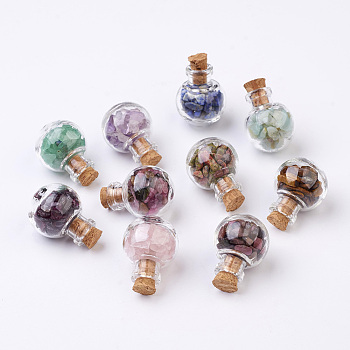 Glass Wishing Bottle Decorations, with Gemstone Chips Inside and Cork Stopper, Mixed Color, 28x20mm, 10pcs/set