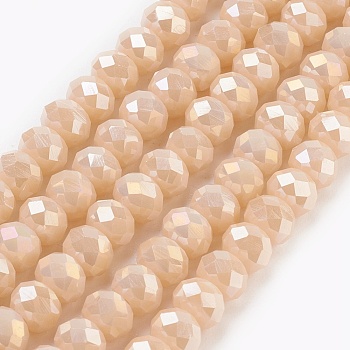 Electroplate Glass Beads Strands, Imitation Jade Glass, Full Rainbow Plated, Faceted, Rondelle, PeachPuff, 6x4~5mm, Hole: 0.8~1mm, about 88~92pcs/strand, 15.5 inch~16 inch(39~45cm)