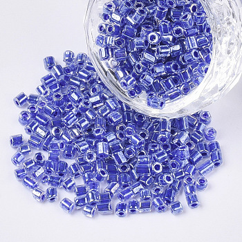 8/0 Two Cut Glass Seed Beads, Hexagon, Transparent Inside Colours Rainbow & Luster, Royal Blue, 2.5~3x2.5mm, Hole: 0.9mm, about 15000pcs/bag
