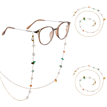2Pcs Alloy & Natural Gemstone Chips Chains for Eyeglasses, with Lobster Claw Clasps and Rubber Loop Ends, 750mm