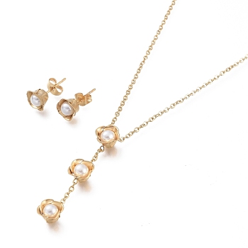 304 Stainless Steel Jewelry Sets, Cable Chains Acrylic Pearl Pendant Necklaces and Stud Earrings, with Ear Nuts and  Lobster Claw Clasps, Flower, Golden, 19.80 inch(50.3cm), 18x8mm, Pin: 0.7mm