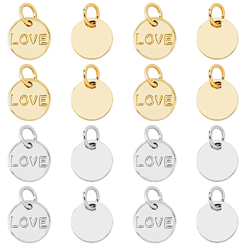 16Pcs 2 Style Brass Charms, Long-Lasting Plated, with Jump Rings, Flat Round with Word Love, for Valentine's Day, Mixed Color, 8.5x1mm, Jump Ring: 4~5x0.5~1mm, Inner Diameter: 2.5~3mm, 8pcs/style