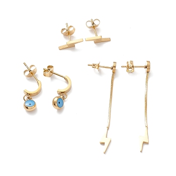 3 Pair 3 Style Enamel Evil Eye Dangle Stud Earrings, Ion Plating(IP) 304 Stainless Steel Lightning Bolt Tassel Earrings for Women, Golden, 12~46mm, Pin: 1mm, 1 Pair/style
