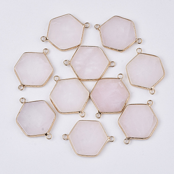 Natural Rose Quartz Links connectors, with Golden Tone Brass Open Back Settings, Hexagon, 35x25x3.5mm, Hole: 2mm