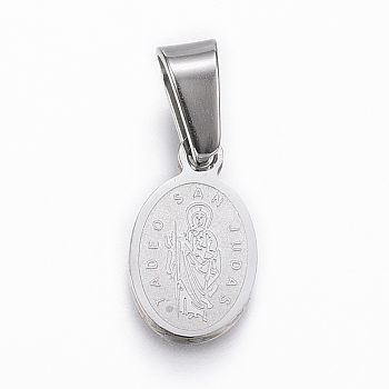 304 Stainless Steel Religion Pendants, Oval with Double Sided Saint Jude, Stainless Steel Color, 13.5x8x1.5mm, Hole: 4x6mm