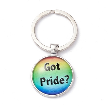 Pride Style Glass Keychain, with Platinum Plated Alloy Findings, Flat Round, Word, 6.2cm