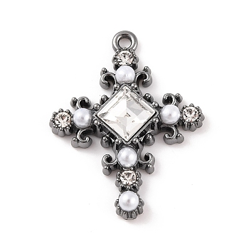 Cross Theme Brass Micro Pave Clear Cubic Zirconia Pendants, with Plastic Pearl, Clear, 29x22.5x5mm, Hole: 1.6mm